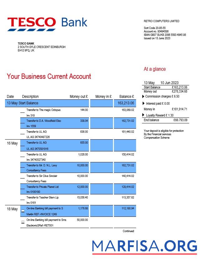 Printable Tesco Bank Business statement Word and PDF template